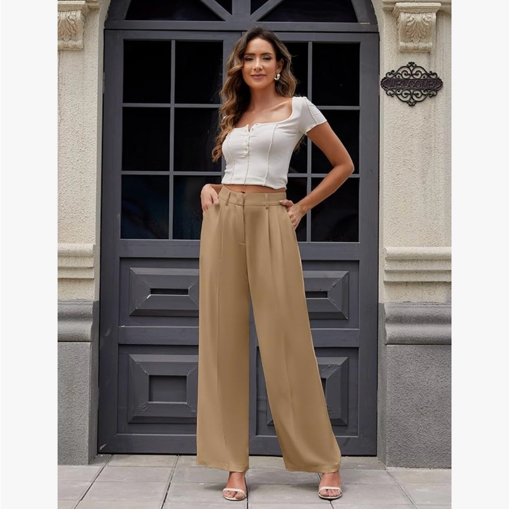 Womens High Waisted Pants Loose Fit Elastic Waist Pleated Front Trouser Sz L
